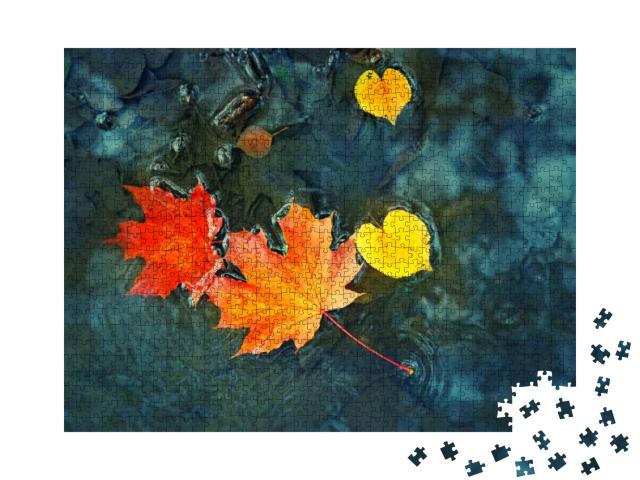 Autumn Maple Leaves in Puddle. Autumn Atmosphere Image. F... Jigsaw Puzzle with 1000 pieces