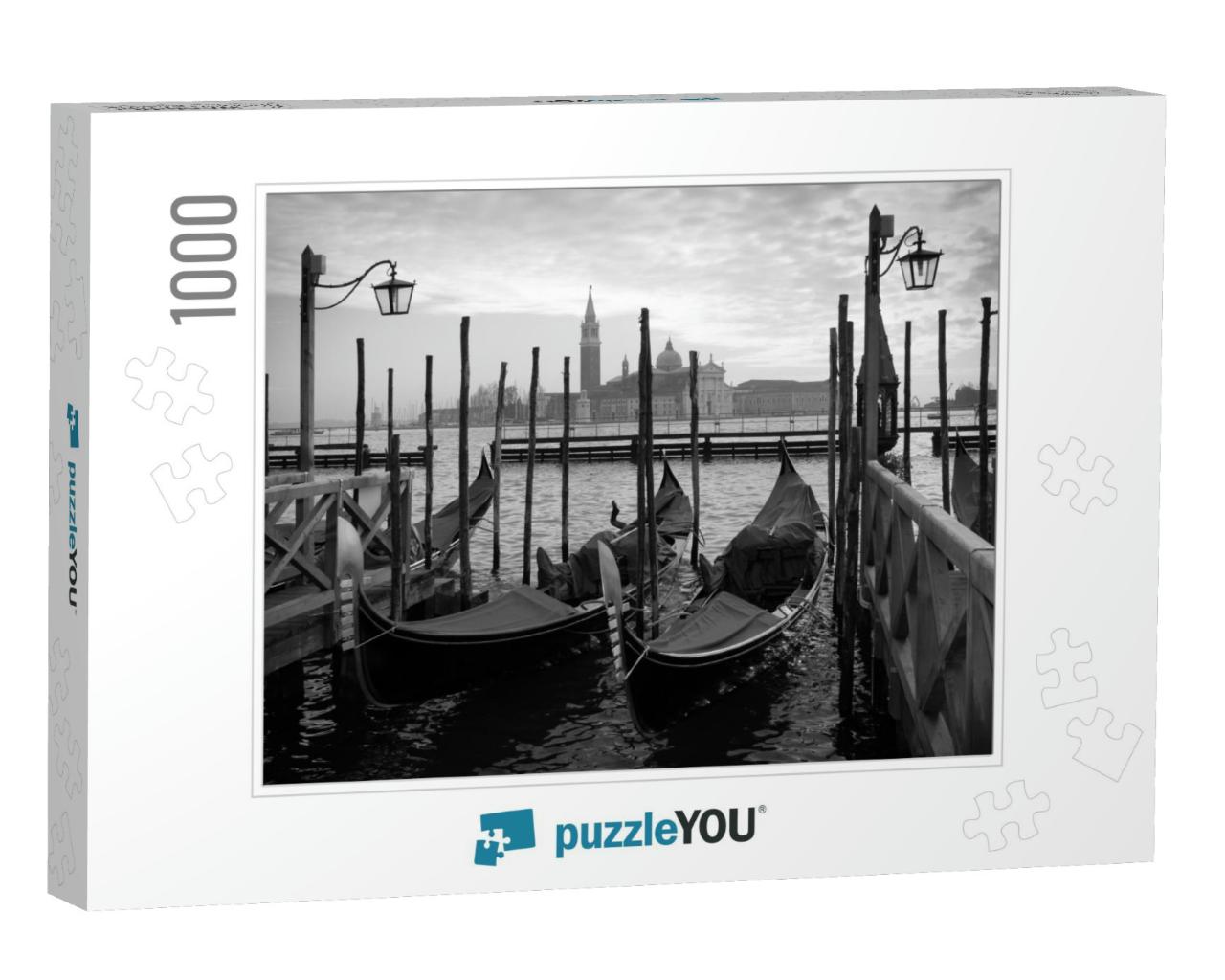 Gondolas in Venice, Black & White... Jigsaw Puzzle with 1000 pieces