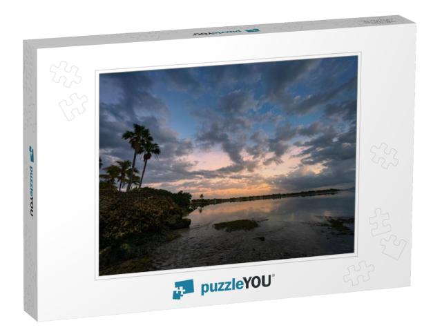 Dramatic Ocean Scene with Rock Island & Palm Trees At Sun... Jigsaw Puzzle