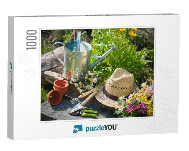 Gardening Tools & a Straw Hat on the Grass in the Garden... Jigsaw Puzzle with 1000 pieces