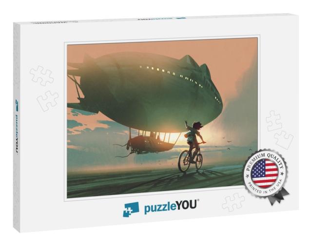 Kid Rides a Bicycle Waving Good Bye to the Airship At Sun... Jigsaw Puzzle