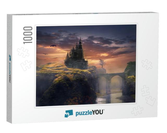 3D Illustration Castle on Hill Sunrise... Jigsaw Puzzle with 1000 pieces