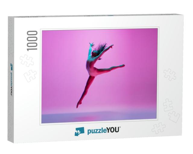 Flying, Freedom. Young & Graceful Ballet Dancer on Pink S... Jigsaw Puzzle with 1000 pieces
