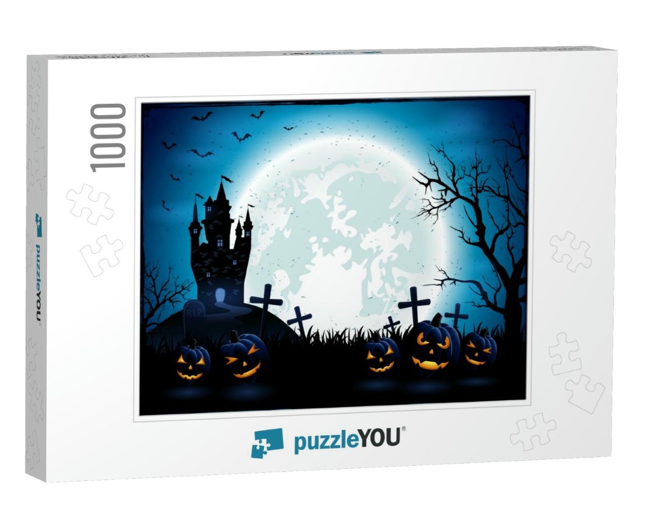 Halloween Pumpkins & Dark Castle on Blue Moon Background... Jigsaw Puzzle with 1000 pieces