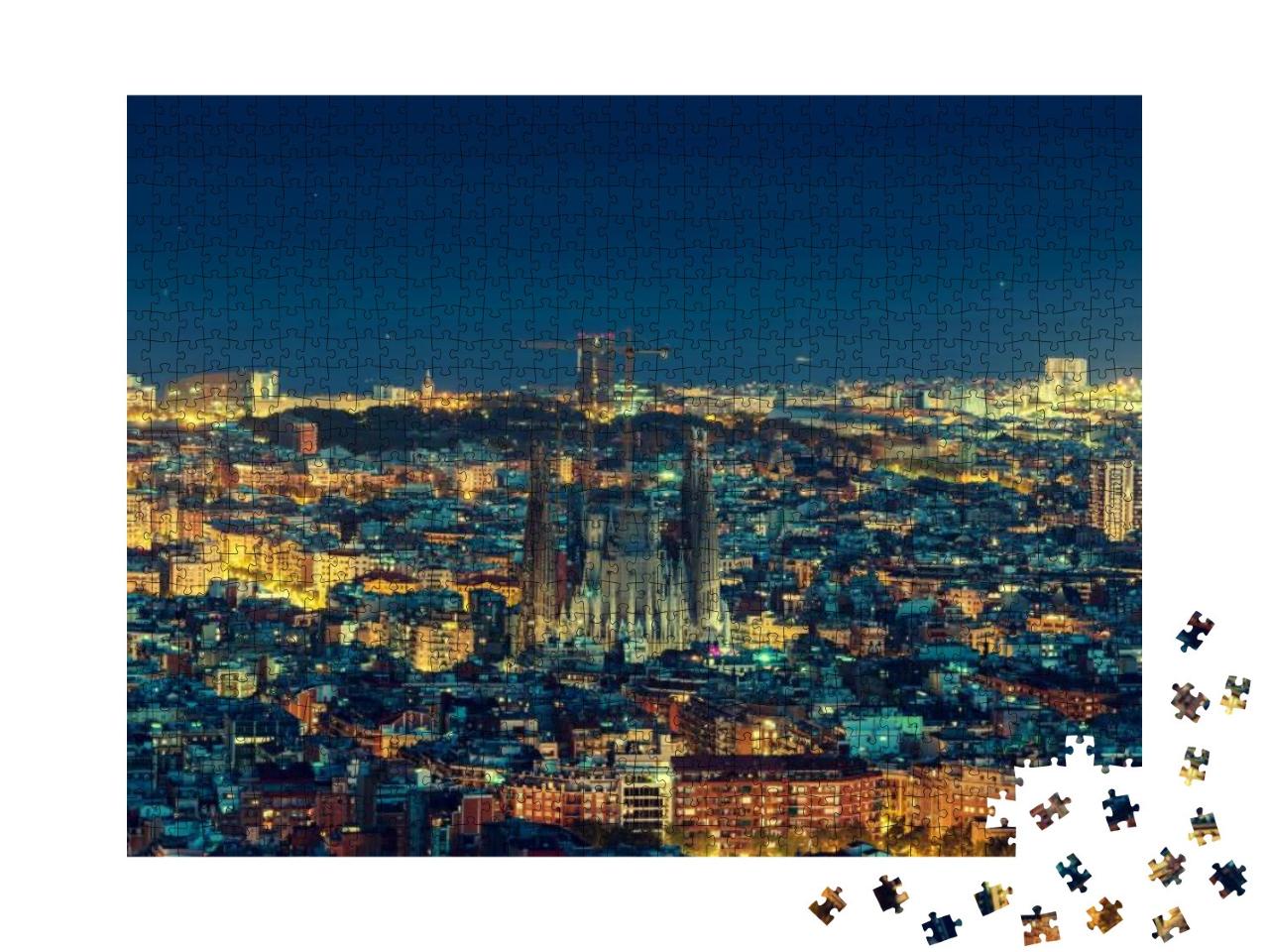 Barcelona Skyline Panorama At Night, Spain... Jigsaw Puzzle with 1000 pieces