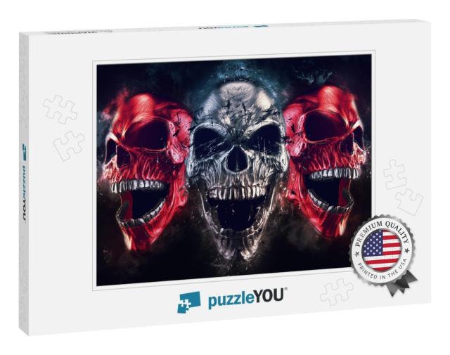 Screaming Metal Demon Skulls - Neo Thrash Style - 3D Illu... Jigsaw Puzzle