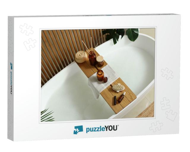 Wooden Bath Tray with Open Book, Candle & Body Care Produ... Jigsaw Puzzle