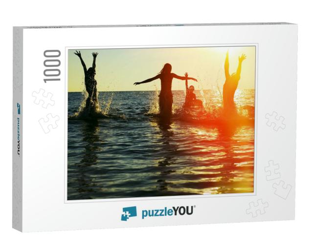 Silhouettes of Young Group of People Jumping in Ocean At... Jigsaw Puzzle with 1000 pieces