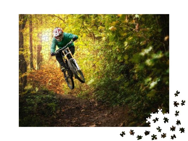 Mountain Biker Rides in Autumn Forest... Jigsaw Puzzle with 1000 pieces
