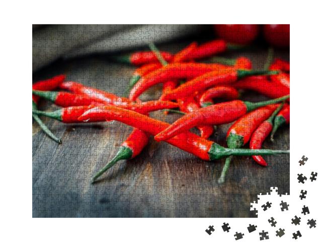 Red Hot Chili Peppers Over Rustic Wooden Table... Jigsaw Puzzle with 1000 pieces