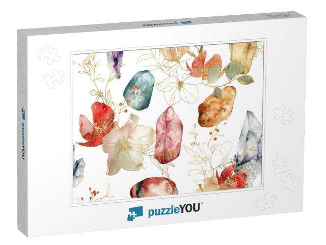 Watercolor Linear Seamless Pattern of Gemstones & Flowers... Jigsaw Puzzle