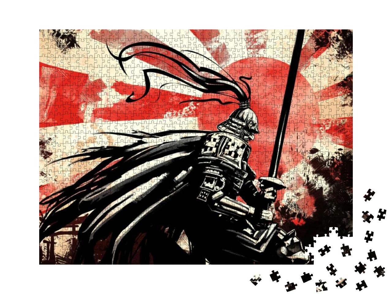 Samurai in Armor with a Katana Stands Against the Sun Pai... Jigsaw Puzzle with 1000 pieces