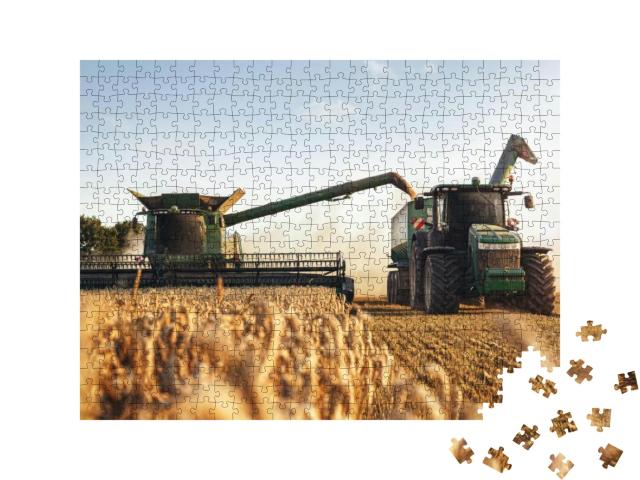 Combine Harvester & a Tractor Working on a Wheat Field... Jigsaw Puzzle with 500 pieces