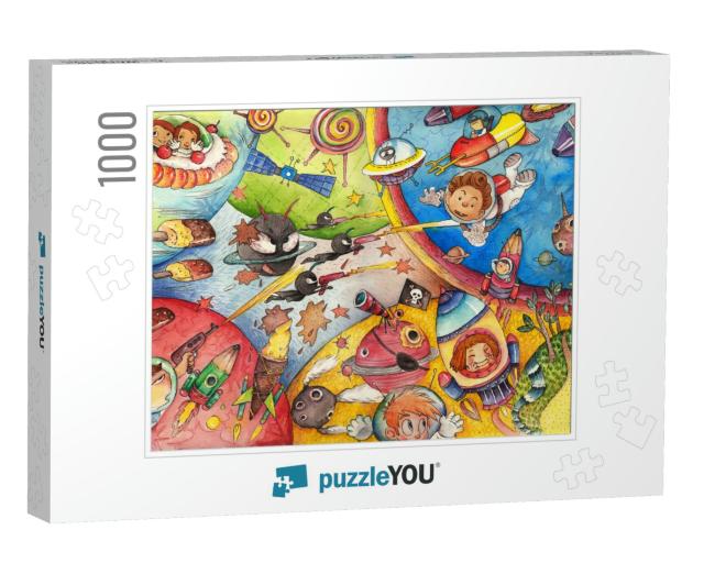 The Interstellar Age in Children's Eyes. Watercolor Artwo... Jigsaw Puzzle with 1000 pieces