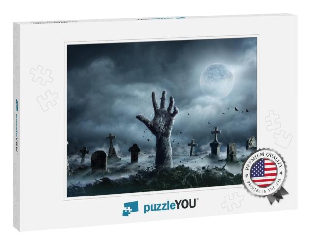 Zombie Hand Rising Out of a Graveyard in Spooky Night... Jigsaw Puzzle