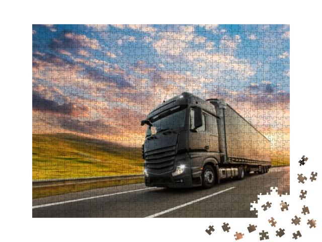 Truck with Container on Highway, Cargo Transportation Con... Jigsaw Puzzle with 1000 pieces