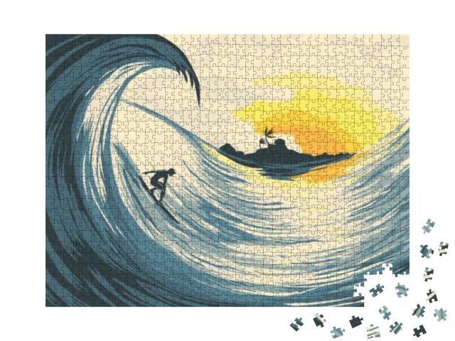 Tropical Island Wave & Surfer At Sunset... Jigsaw Puzzle with 1000 pieces