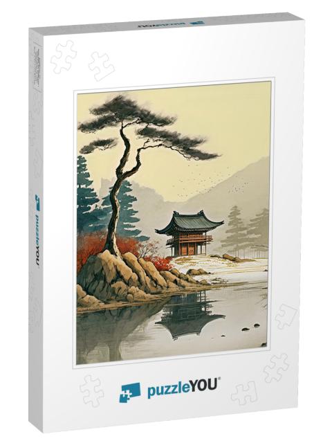 Peaceful Serenity and a Picturesque Pagoda Setting with Soft Soothing Tones Jigsaw Puzzle