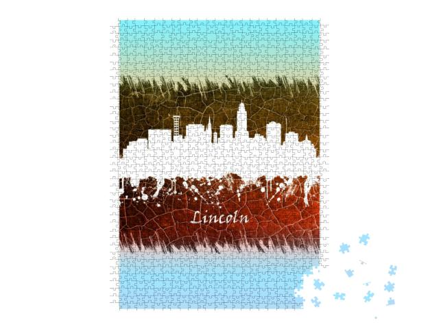 Lincoln City Skyline Blue & White... Jigsaw Puzzle with 1000 pieces