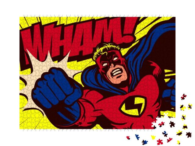 Pop Art Comic Book Style Superhero Punching Vector Poster... Jigsaw Puzzle with 1000 pieces
