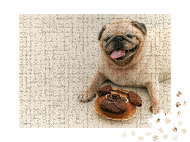Funny Pug Dog Waiting to Eat Pug Homemade Cake... Jigsaw Puzzle with 1000 pieces