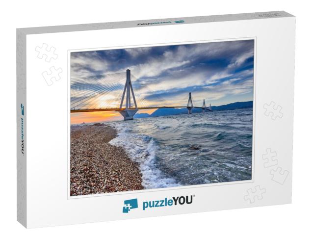 Sunset View on the Bridge Near Patras. Suspension Bridge... Jigsaw Puzzle