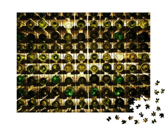 Many Glass Wine Bottles on Wine Shelves with Lighting. In... Jigsaw Puzzle with 1000 pieces