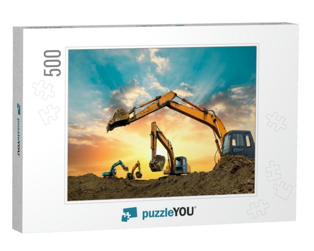 Four Excavators Work on Construction Site At Sunset... Jigsaw Puzzle with 500 pieces