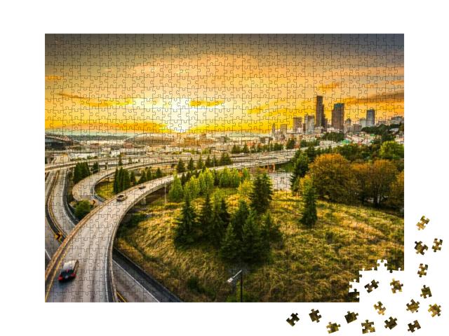 Seattle Skylines & Interstate Freeways Converge At Sunset... Jigsaw Puzzle with 1000 pieces