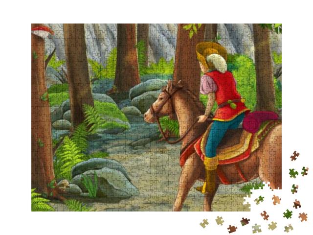 Cartoon Scene with a Horseman Riding Through the Forest t... Jigsaw Puzzle with 1000 pieces