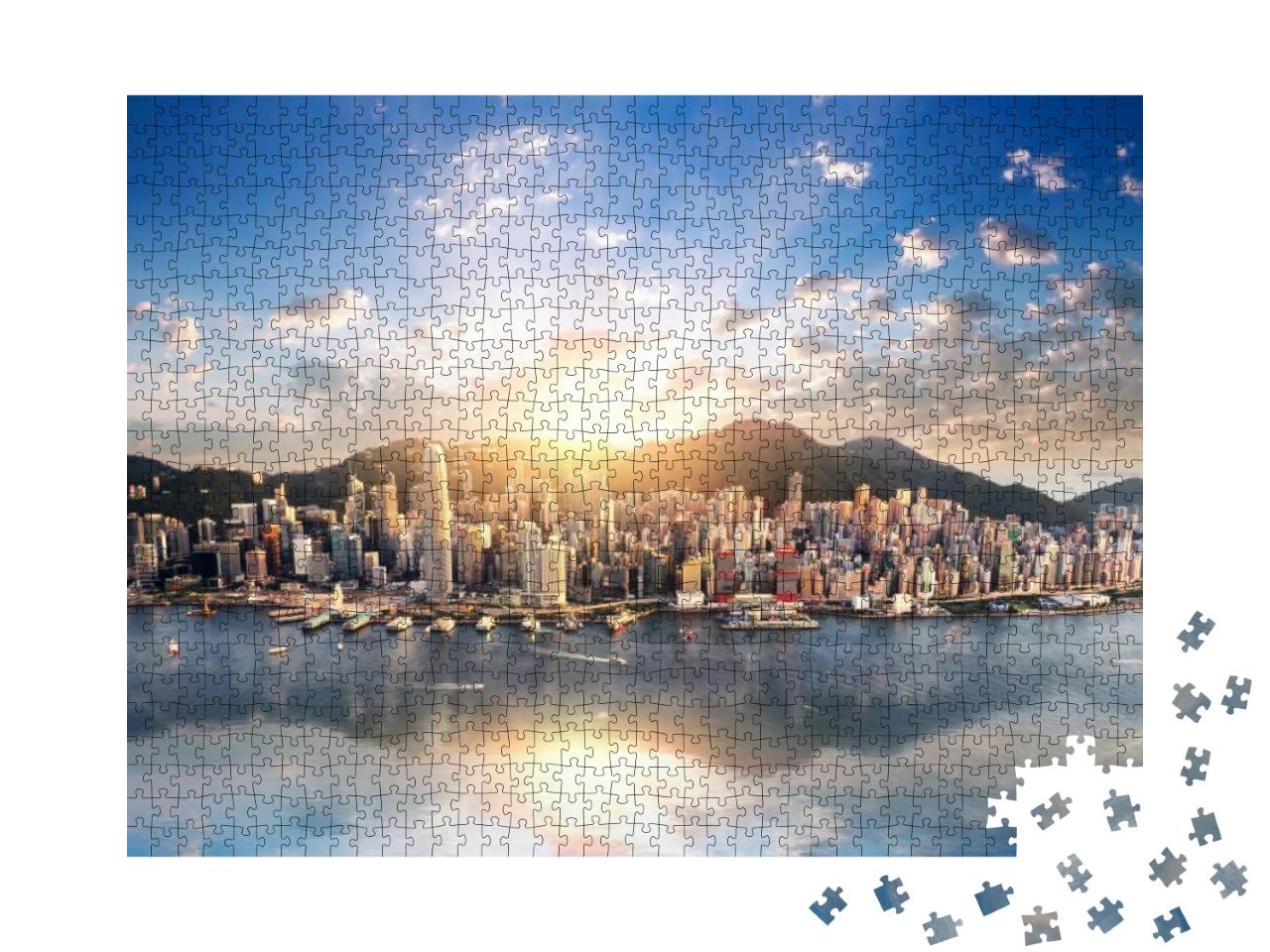 Hong Kong Skyline. Hongkong Her Aerial Cityscape with Sun... Jigsaw Puzzle with 1000 pieces