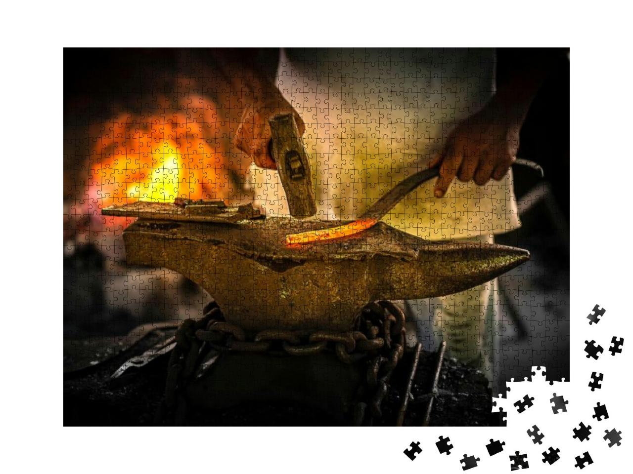 Black Smith, Iron Smith Hitting Hot Steel on an Anvil in... Jigsaw Puzzle with 1000 pieces