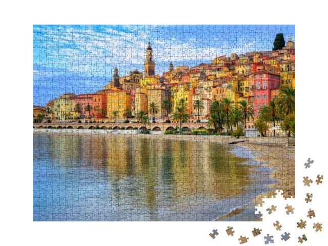 Sand Beach Beneath the Colorful Old Town Menton on French... Jigsaw Puzzle with 1000 pieces