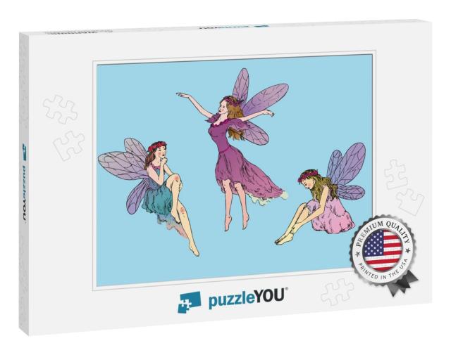Beautiful Three Young Fairies Dancing, Flying in W... Jigsaw Puzzle