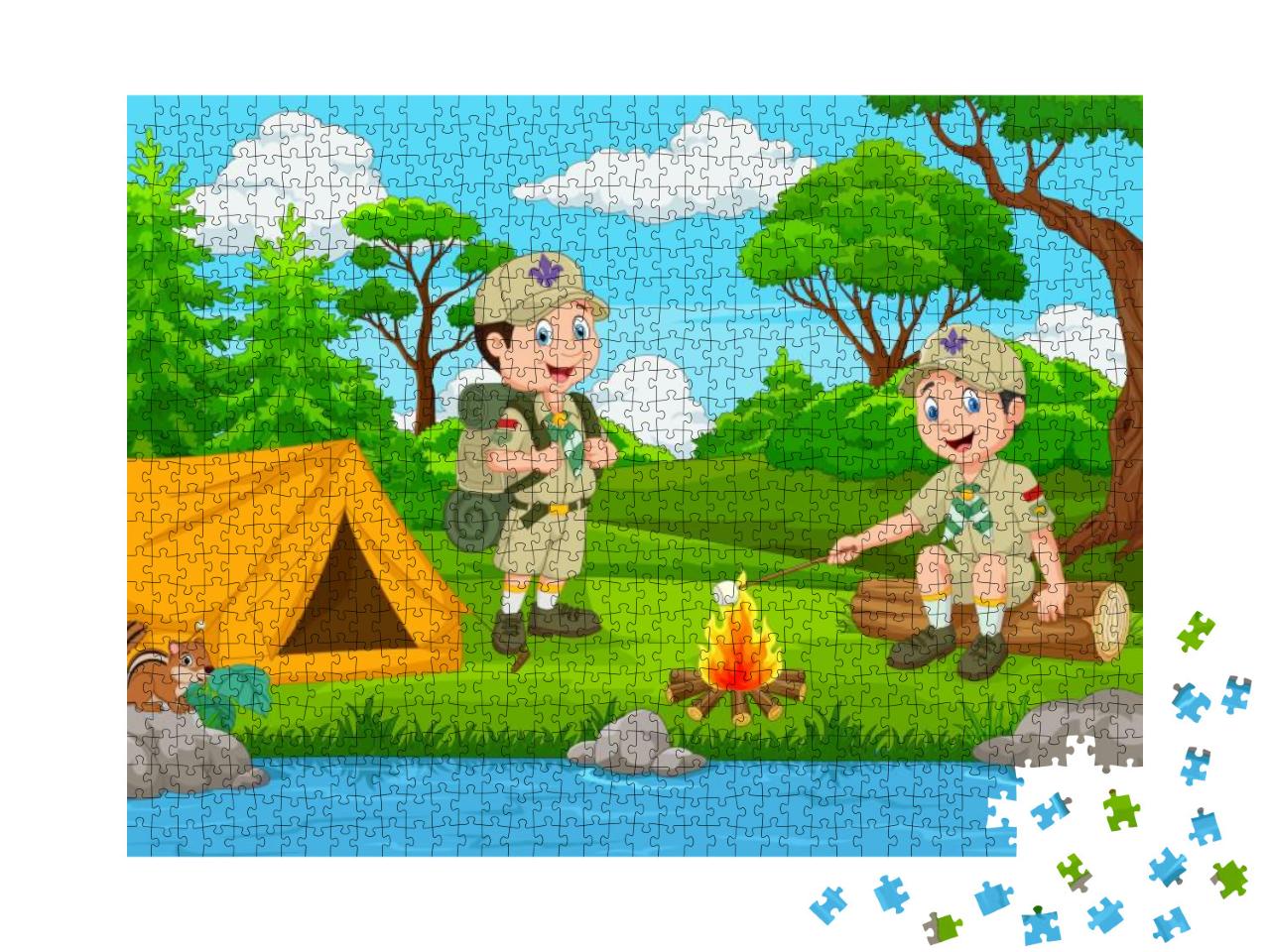 Cartoon Scout with Tent & Camp Fire... Jigsaw Puzzle with 1000 pieces