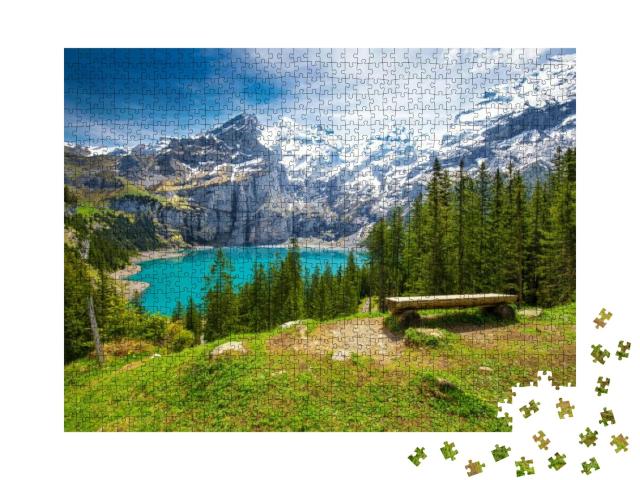 Amazing Turquoise Oeschinnensee with Waterfalls & Swiss A... Jigsaw Puzzle with 1000 pieces