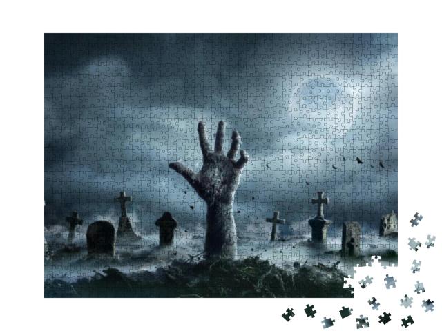 Zombie Hand Rising Out of a Graveyard in Spooky Night... Jigsaw Puzzle with 1000 pieces