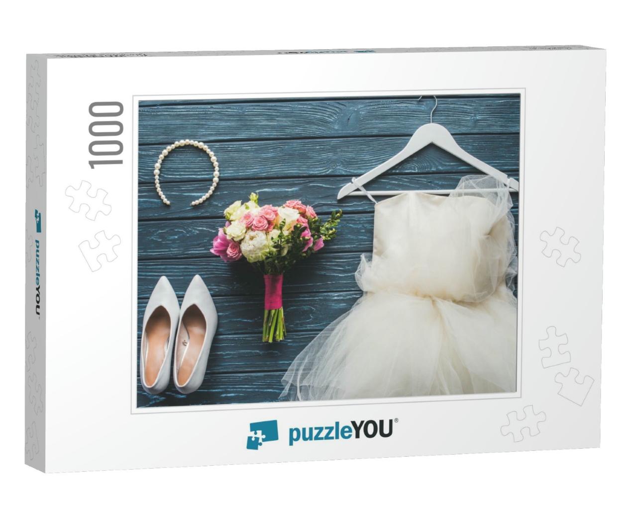 Top View of Wedding Bouquet & Dress on Wooden Da... Jigsaw Puzzle with 1000 pieces