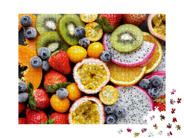Fresh Fruits on a Black Background. Exotic Fresh Fruits o... Jigsaw Puzzle with 1000 pieces