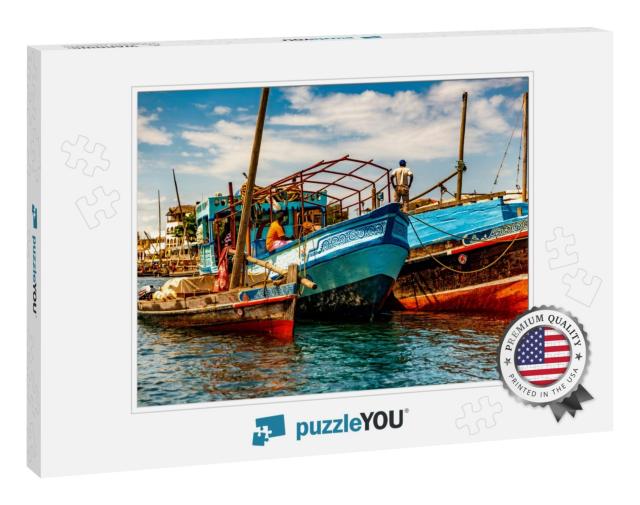 Colorful, Old, Wooden Fishing Dhows Moored Alongside the... Jigsaw Puzzle
