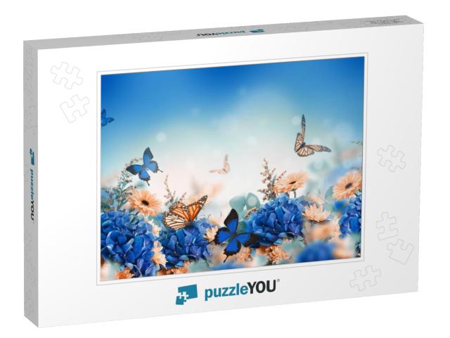 Amazing Background with Hydrangeas & Daisies. Yellow & Bl... Jigsaw Puzzle