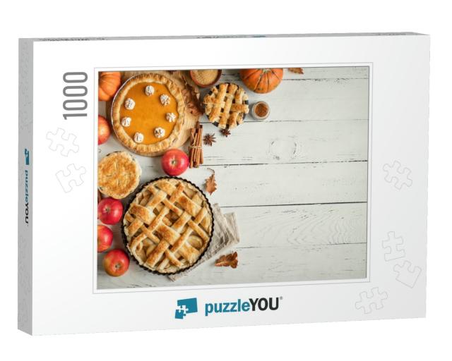 Thanksgiving Pumpkin & Apple Various Pies on White, Top V... Jigsaw Puzzle with 1000 pieces