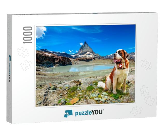 Saint Bernard Rescue Dog with Keg of Brandy in Alpine Mea... Jigsaw Puzzle with 1000 pieces