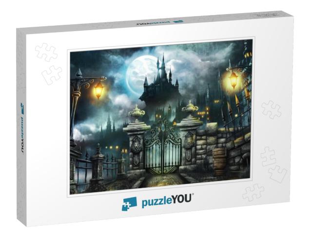 Halloween Dark Castle with Full Moon Wallpaper... Jigsaw Puzzle