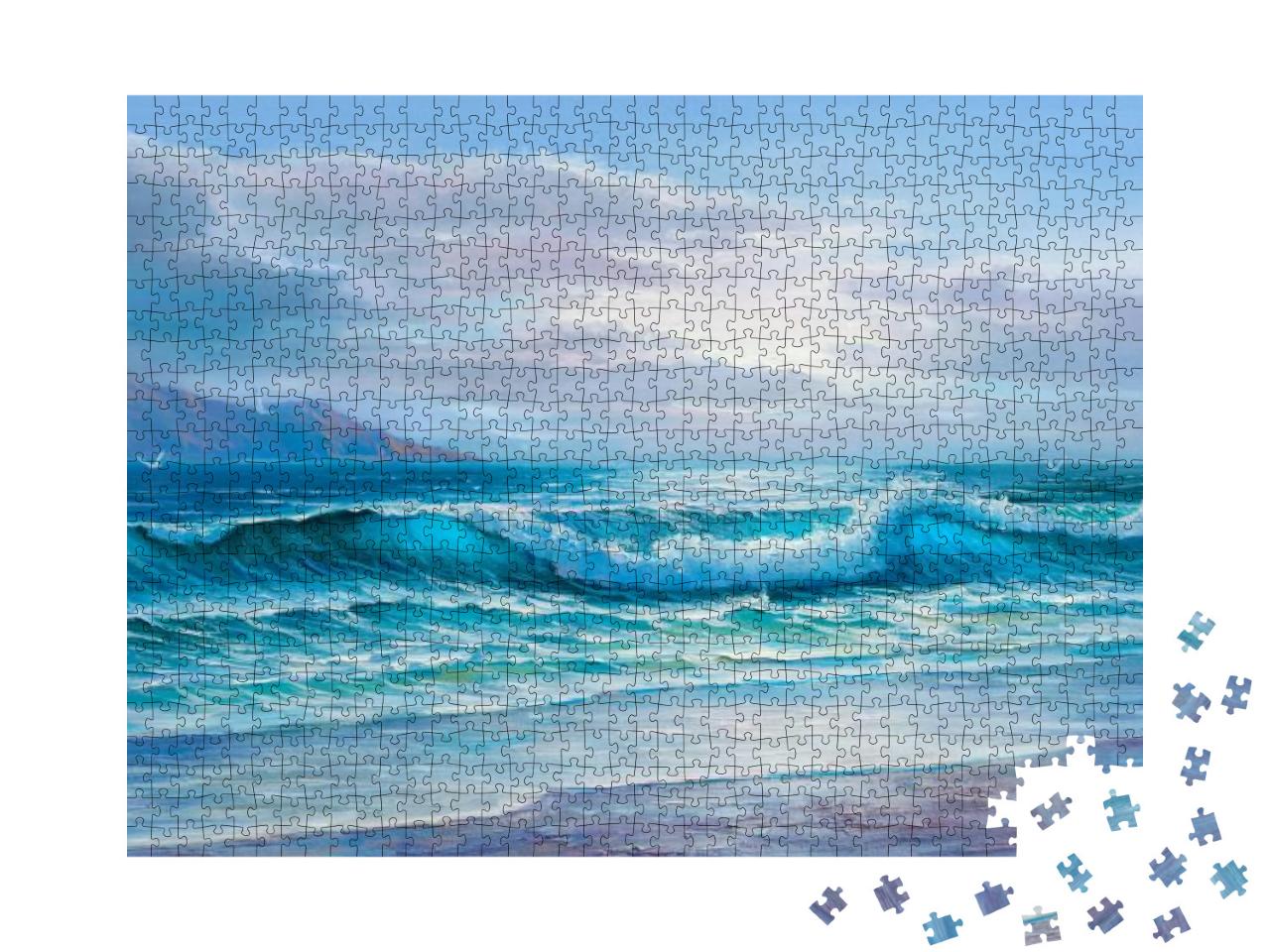 Morning on Sea, Wave, Illustration, Oil Painting Paints o... Jigsaw Puzzle with 1000 pieces