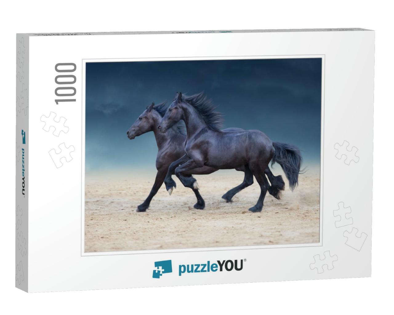 Two Frisian Horses Run Gallop on Desert Dust Against Sky... Jigsaw Puzzle with 1000 pieces