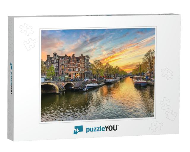 Amsterdam Sunset City Skyline At Canal Waterfront, Amster... Jigsaw Puzzle