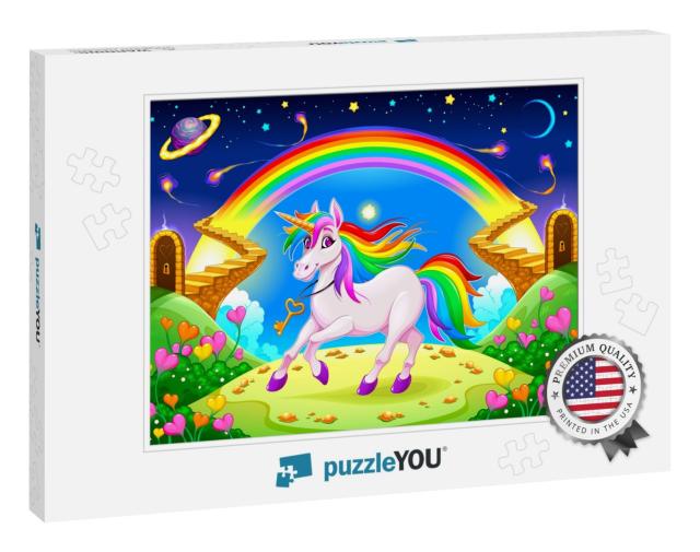Rainbow Unicorn in a Fantasy Landscape with Golden Stairs... Jigsaw Puzzle