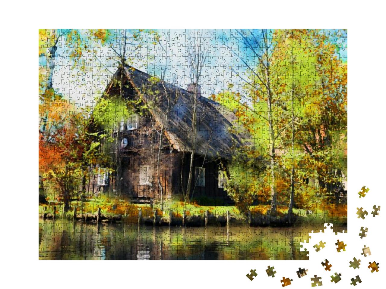Watercolor Illustration of Spreewald Forest House in Autu... Jigsaw Puzzle with 1000 pieces