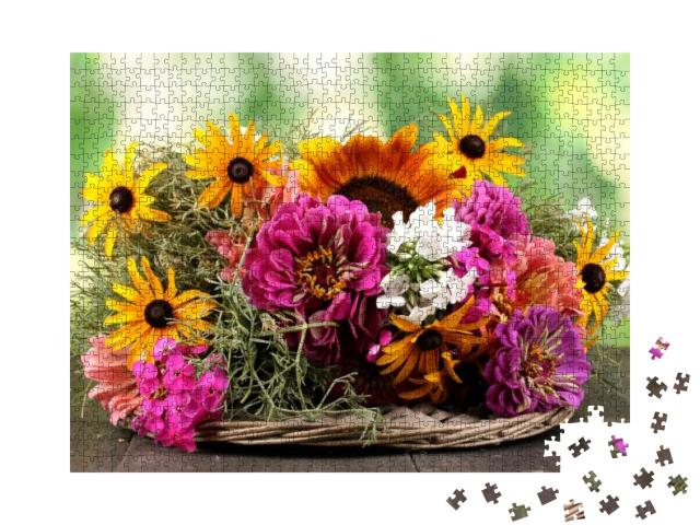 Beautiful Bouquet of Bright Flowers on Wooden Table on Na... Jigsaw Puzzle with 1000 pieces